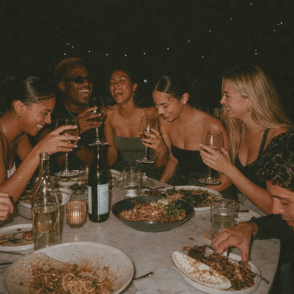 Table of guests connecting at a Thrive dinner social