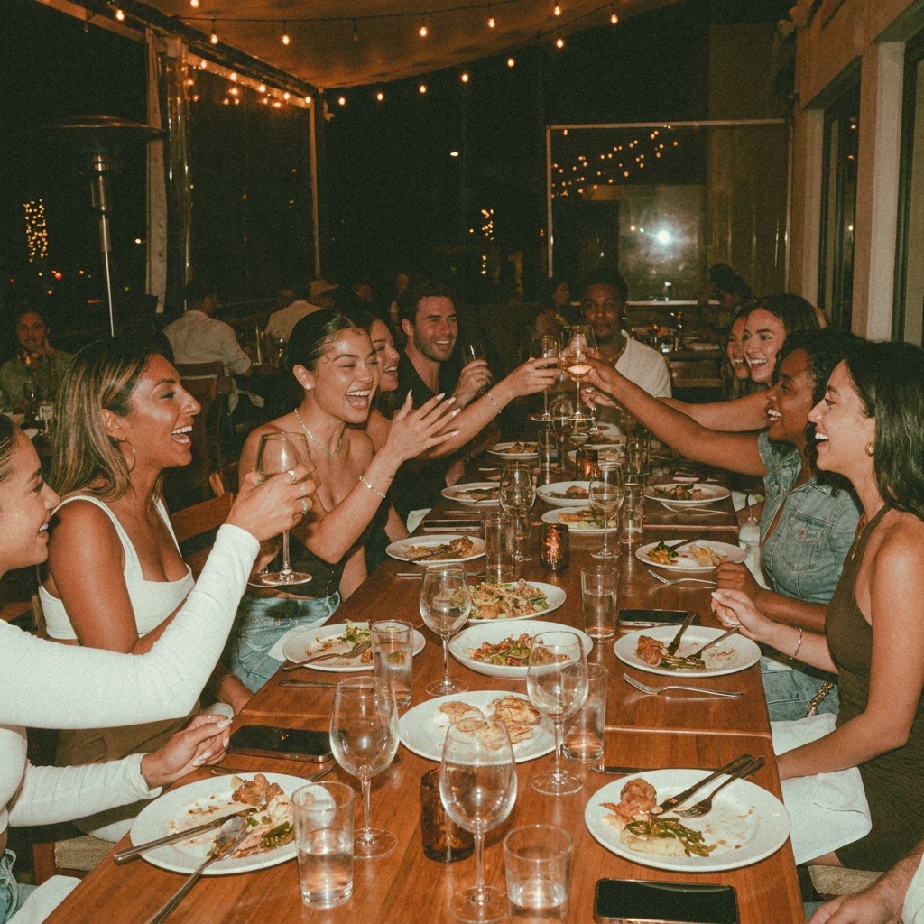 Guests laughing and connecting at a Thrive dinner social